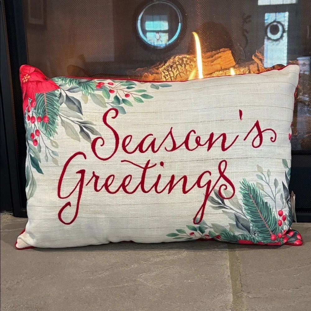 Gerson International Seasons Greetings, rectangle,embroidered script,red piping